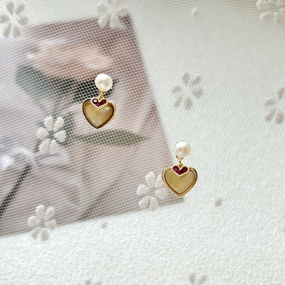 "Amber Romance" Pearl Drop Earrings with Heart-Shaped Mother of Pearl and Garnet Accents
