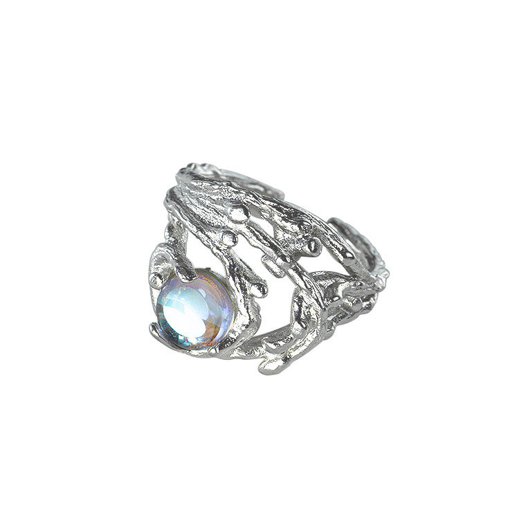 "Mystic Forest" - Sterling Silver Branch Ring with Opalescent Moonstone